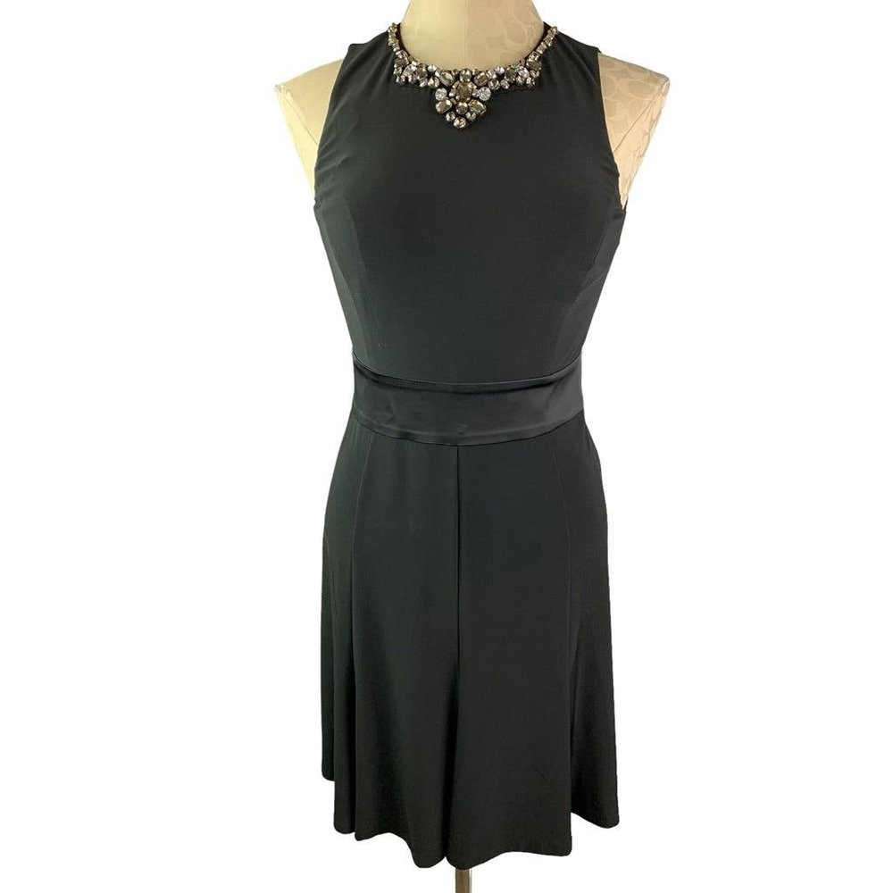 4P Lauren Ralph Lauren Petite Black Dress Embellished Jeweled Neckline Sleeveles